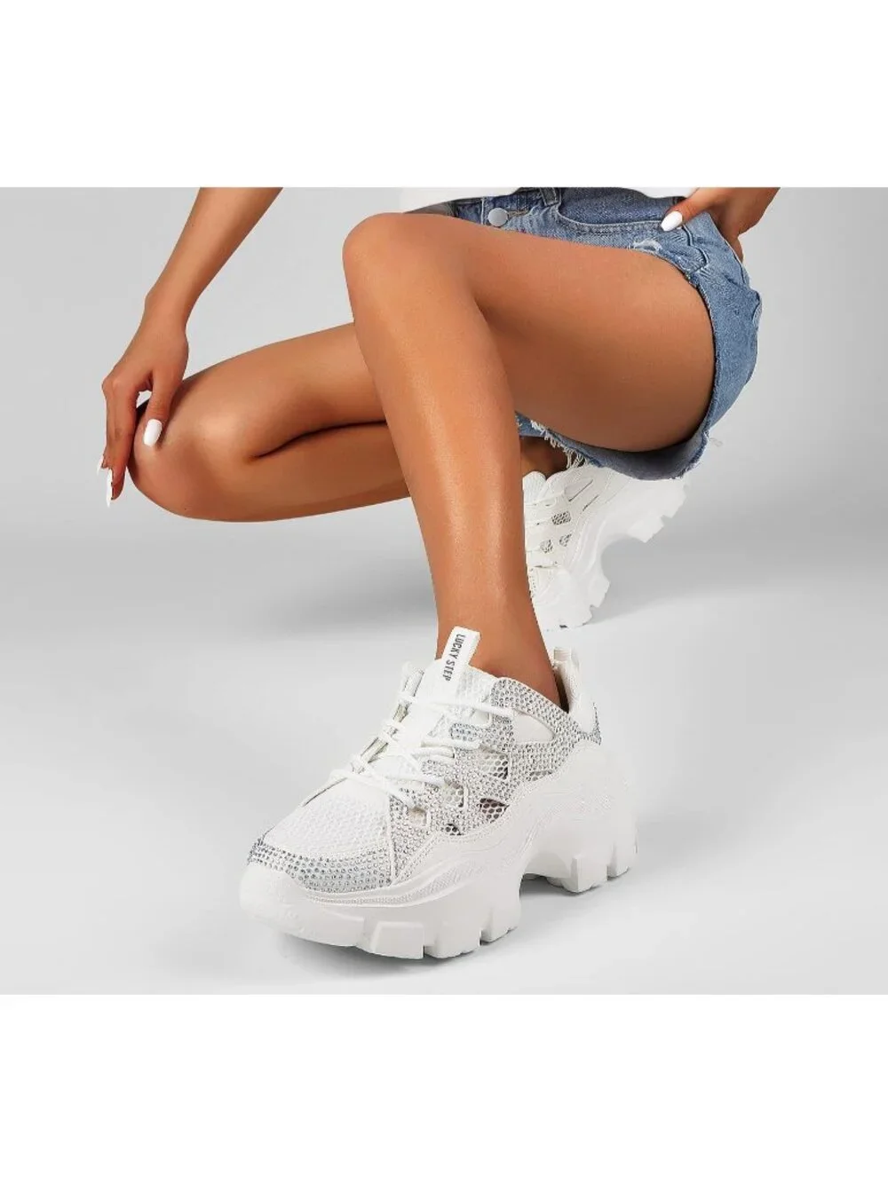 Women's White Rhinestone Lace-Up Color Block Chunky Platform Walking Sneakers